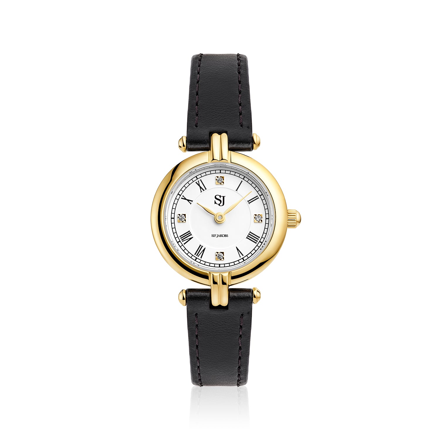 Stainless steel gold | Black leather strap